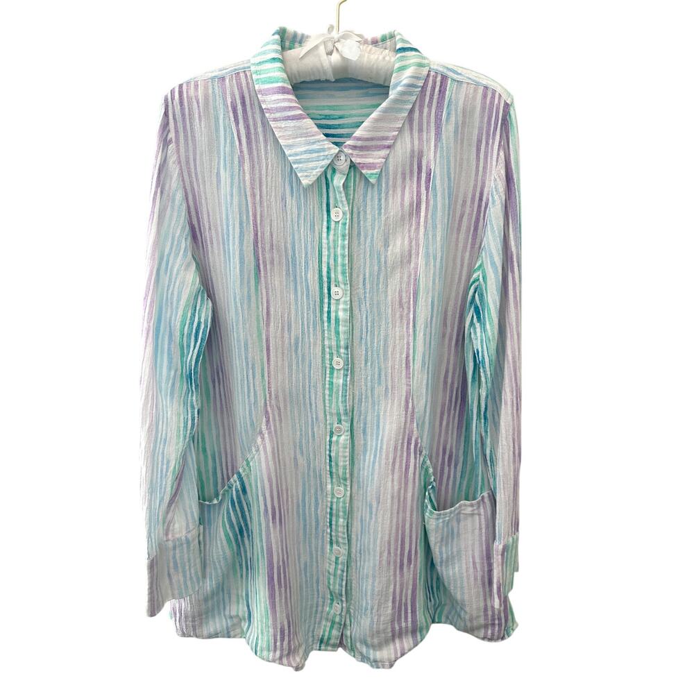 SOFT SURROUNDINGS Watercolor Stripe Button Down Tunic Top Relaxed Fit | XL